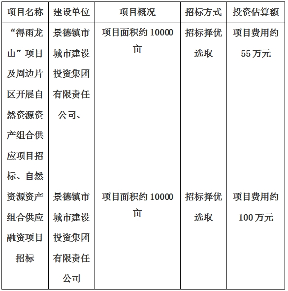 景德鎮(zhèn)市“得雨龍山”項目及周邊片區(qū)開展自然資源資產(chǎn)組合供應項目、自然資源資產(chǎn)組合供應融資項目招標計劃公告