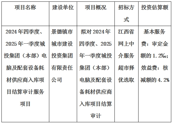 2024年四季度、2025年一季度城投集團(tuán)（本部）電腦及配套設(shè)備耗材供應(yīng)商入庫項(xiàng)目結(jié)算審計(jì)服務(wù)項(xiàng)目計(jì)劃公告