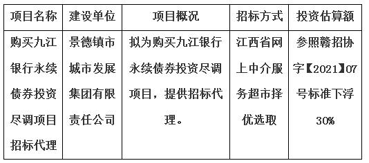 購買九江銀行永續(xù)債券投資盡調項目招標代理計劃公告